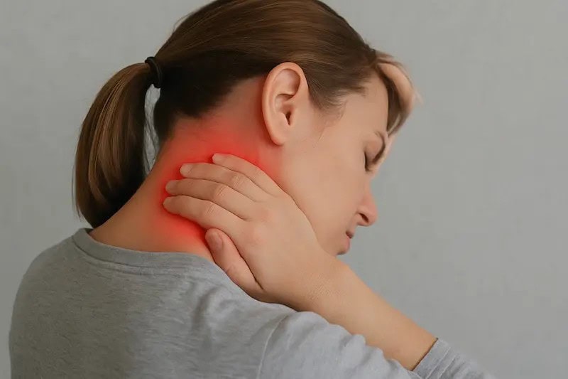 chiropractor for tension headaches in Tulsa woman holding base of skull showing cervicogenic headache origin in neck